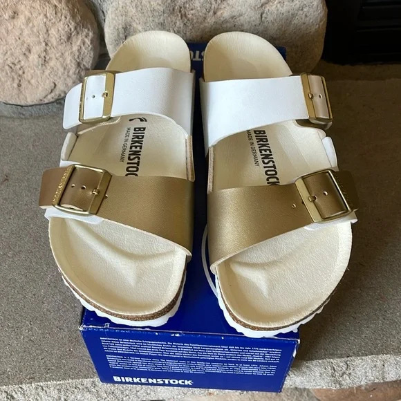Birkenstock Arizona Split White and Gold Sandals Sz 10 M, 41 - Picture 8 of 13